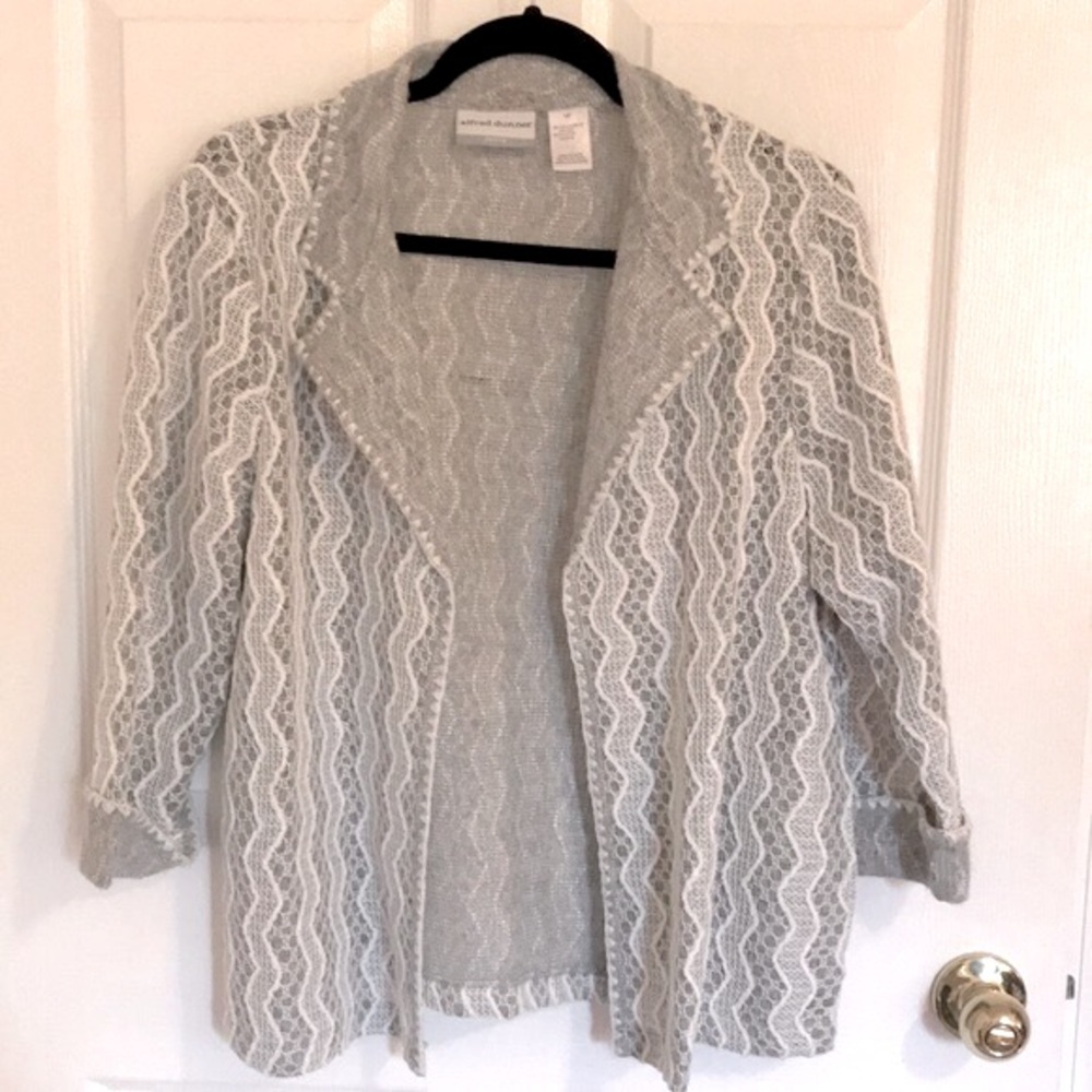 Alfred Dunner Light Gray and White Lace-Overlay Open Cardigan Blazer